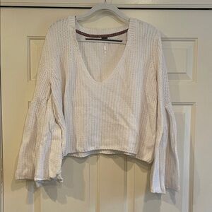 Free People Cream V-Neck Knit Bell Sleeve Top